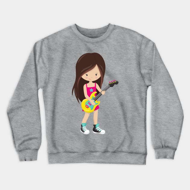 Rock Girl, Brown Hair, Guitar Player, Band, Music Crewneck Sweatshirt by Jelena Dunčević